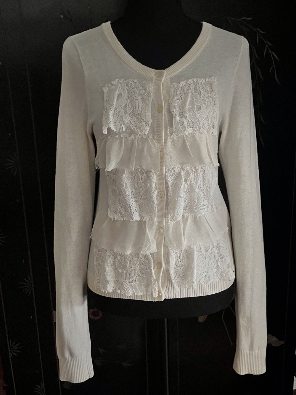 Vintage Hollister Lace & Chiffon Tiered Ivory button down cardigan - rare size L